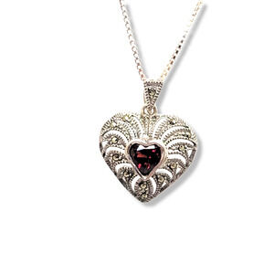 Vintage DBJ 925 Heart Mozambique Red Garnet Marcasite Accent Pendant